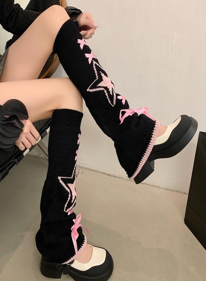 XEPST Harajuku Leg Warmers for Girls Women - Kawaii Lolita Knit Socks, Gothic Leg Cover for 80s Accessories - Pink Pentagram Pattern - Image 3